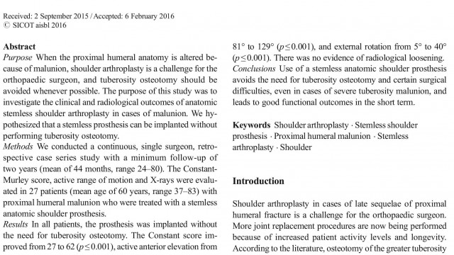 Ballas - Stemless shoulder prosthesis for treatment of proximal humeral malunion does not require tuberosity osteotomy